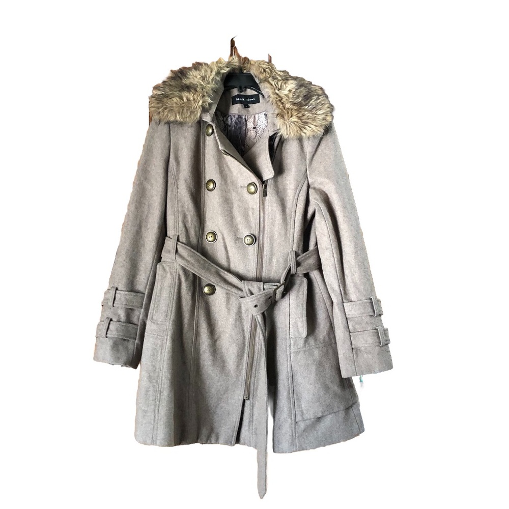 BLACK RIVET Women’s Fur Collared Double Breasted Wool Blend Belted Coat - L